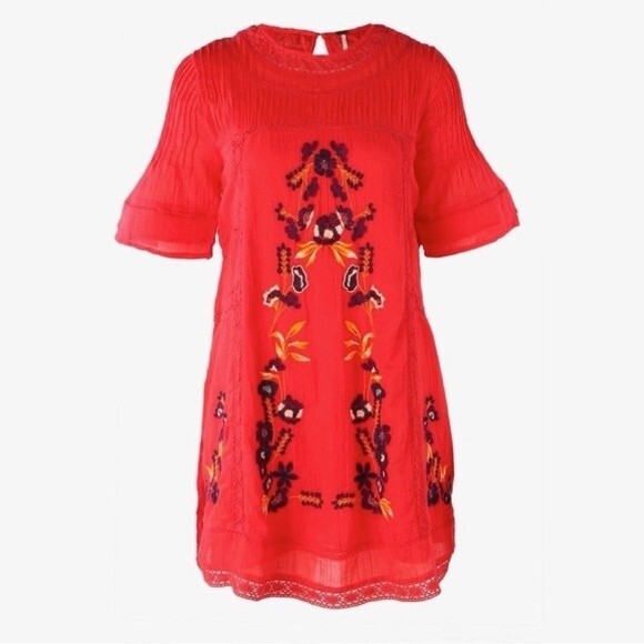 Free People 100% Cotton Perfectly Victorian Boho Embroidered Dress In Tomato S - Picture 2 of 14